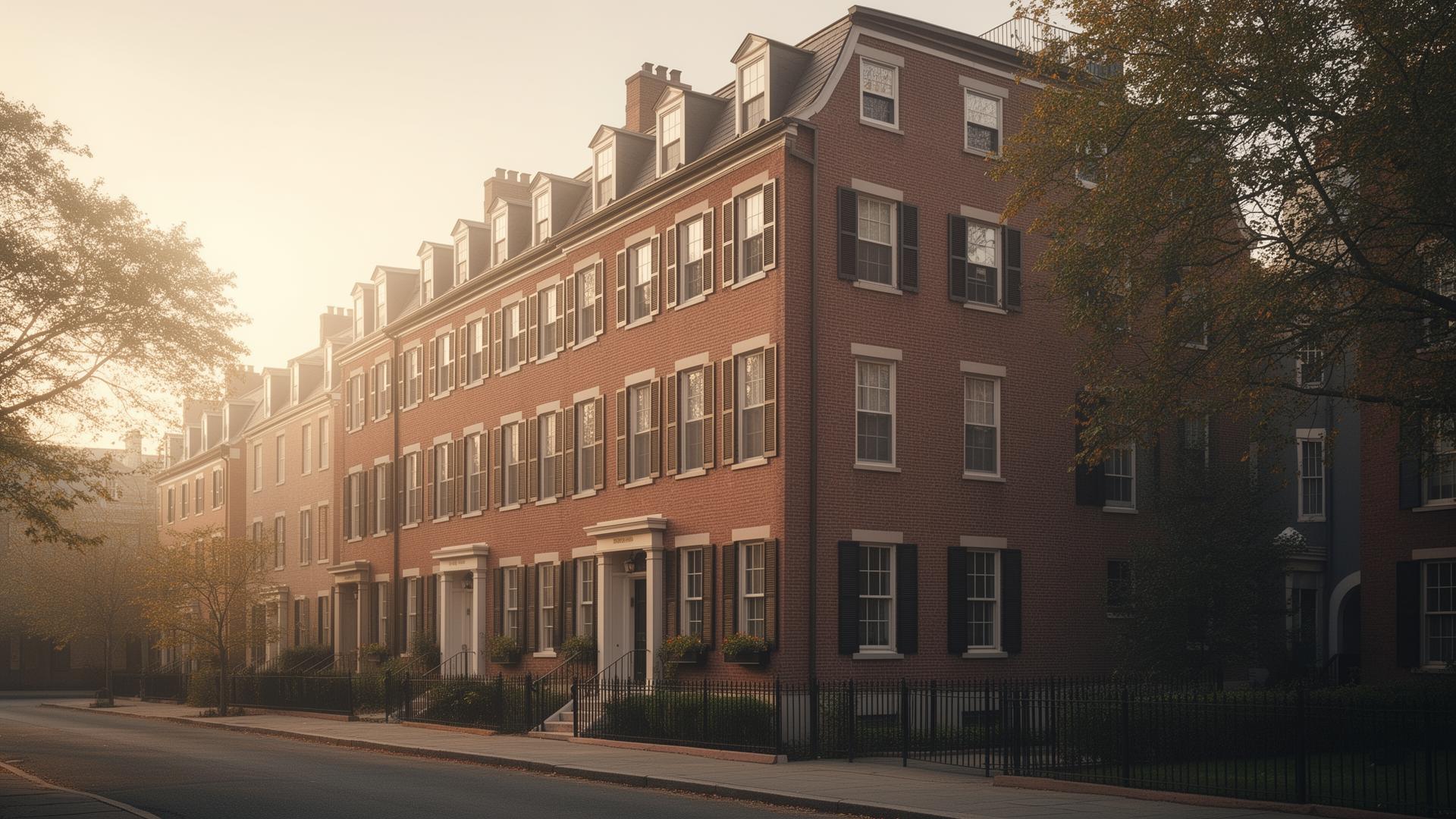 Brick multi-family residential building in the Greater Boston area at golden hour